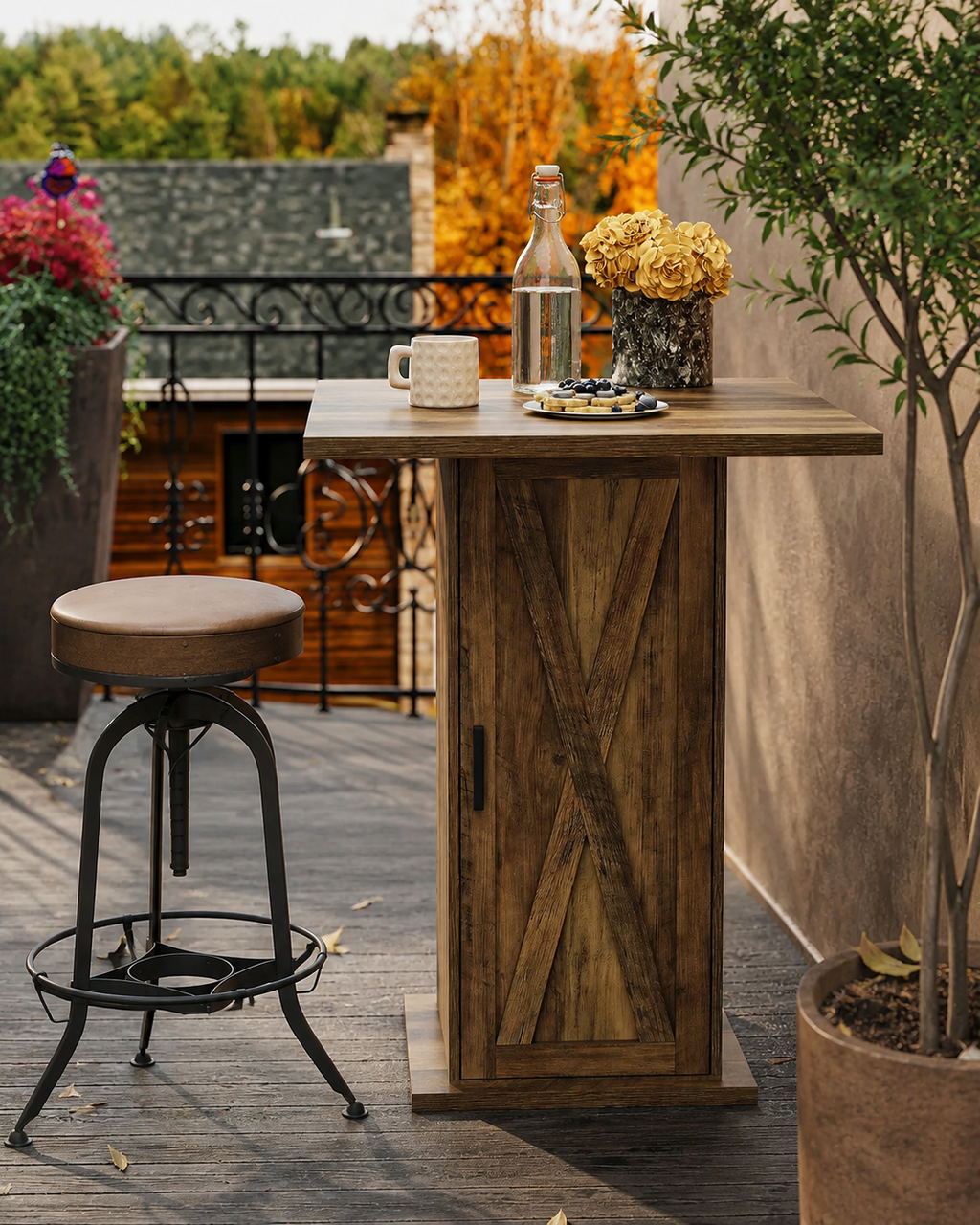 Table de bar carrée avec meuble de rangement 3 niveaux, bois, marron