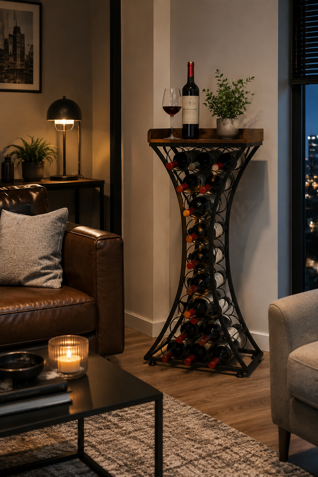 Porte-bouteilles sur pied 15 bouteilles, structure fer et plateau bois