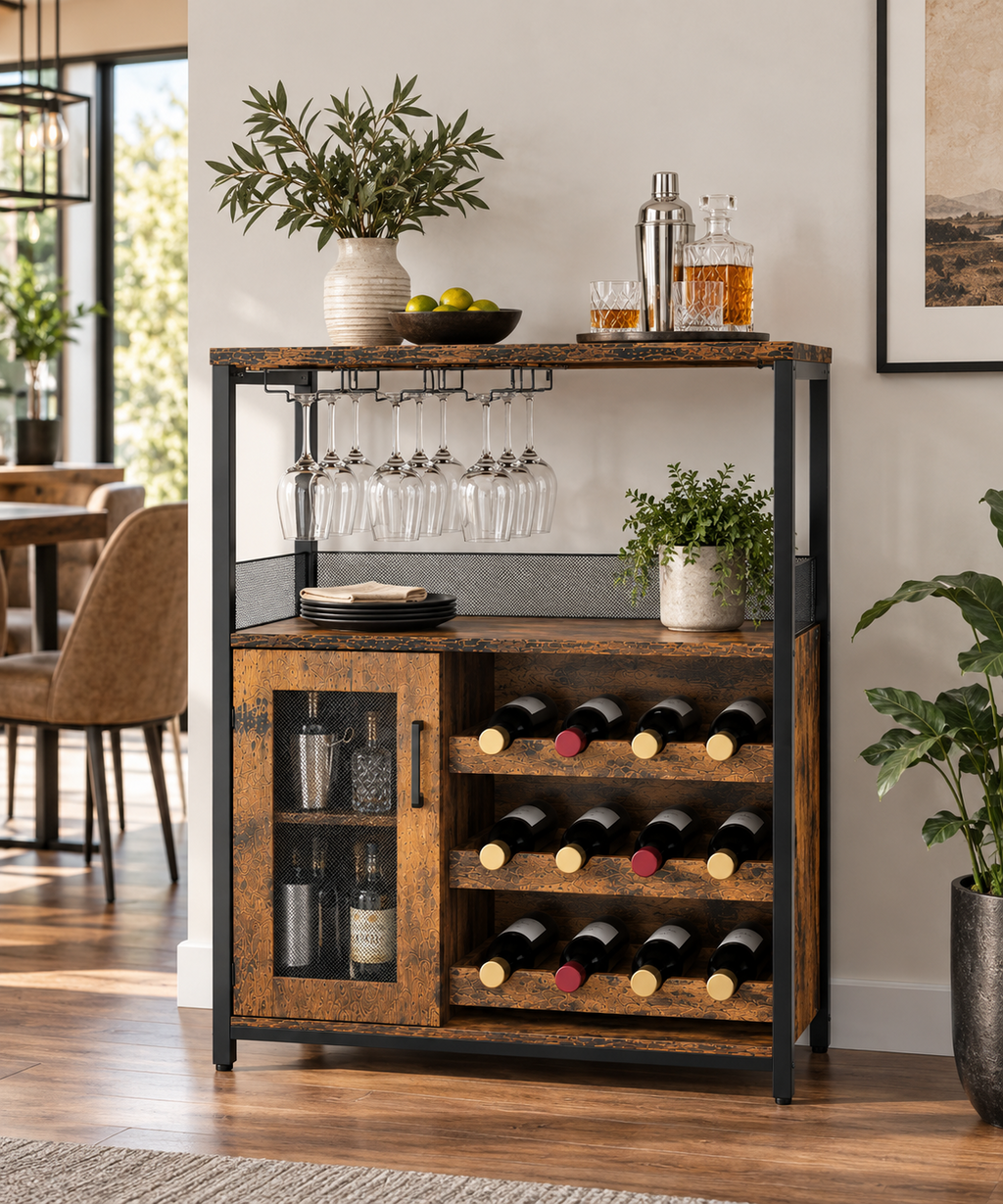 Meuble bar 3 niveaux avec porte-bouteilles amovible et porte grillagée, brun rustique