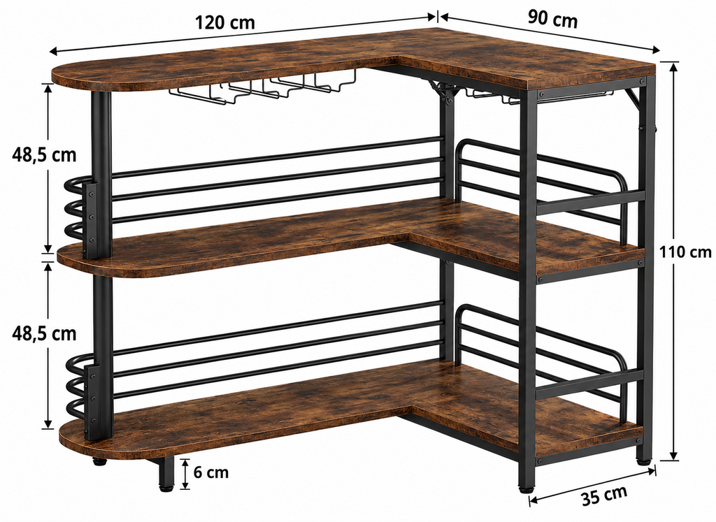 Meuble bar d'angle 3 niveaux avec étagères de rangement et support à verres, brun