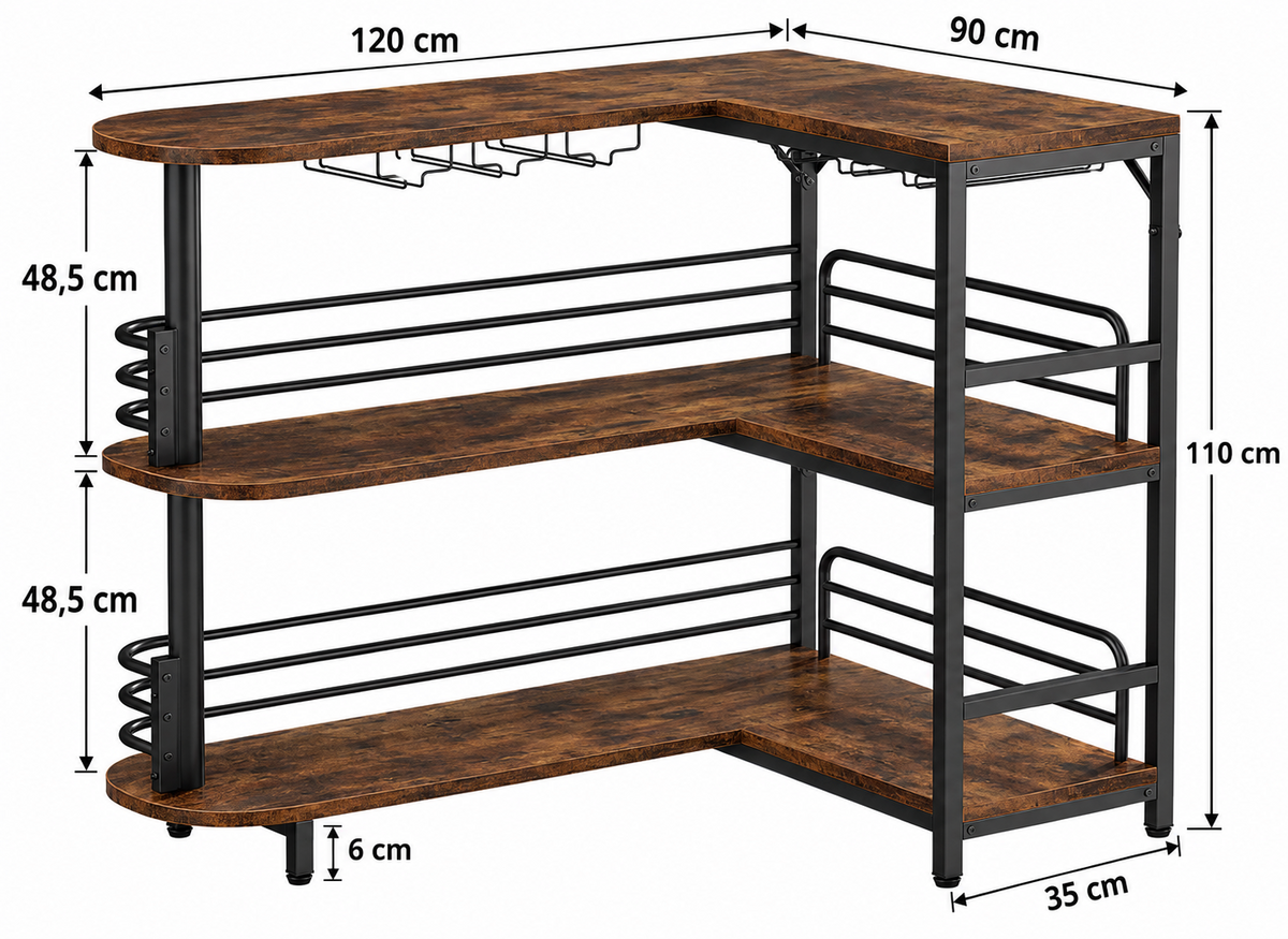 Meuble bar d'angle 3 niveaux avec étagères de rangement et support à verres, brun