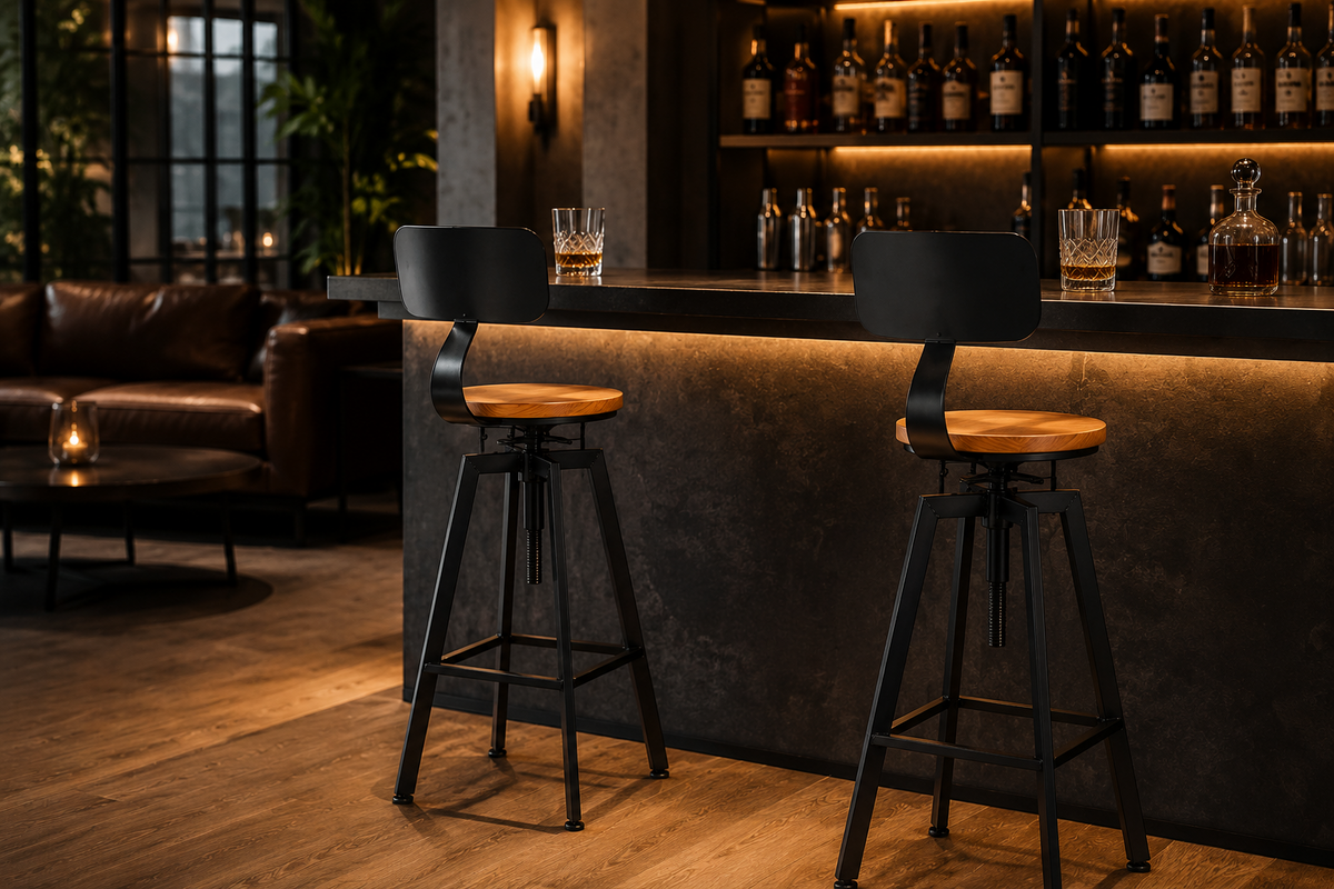 Lot de 2 tabourets de bar bois et métal, pivotants, hauteur réglable, noir