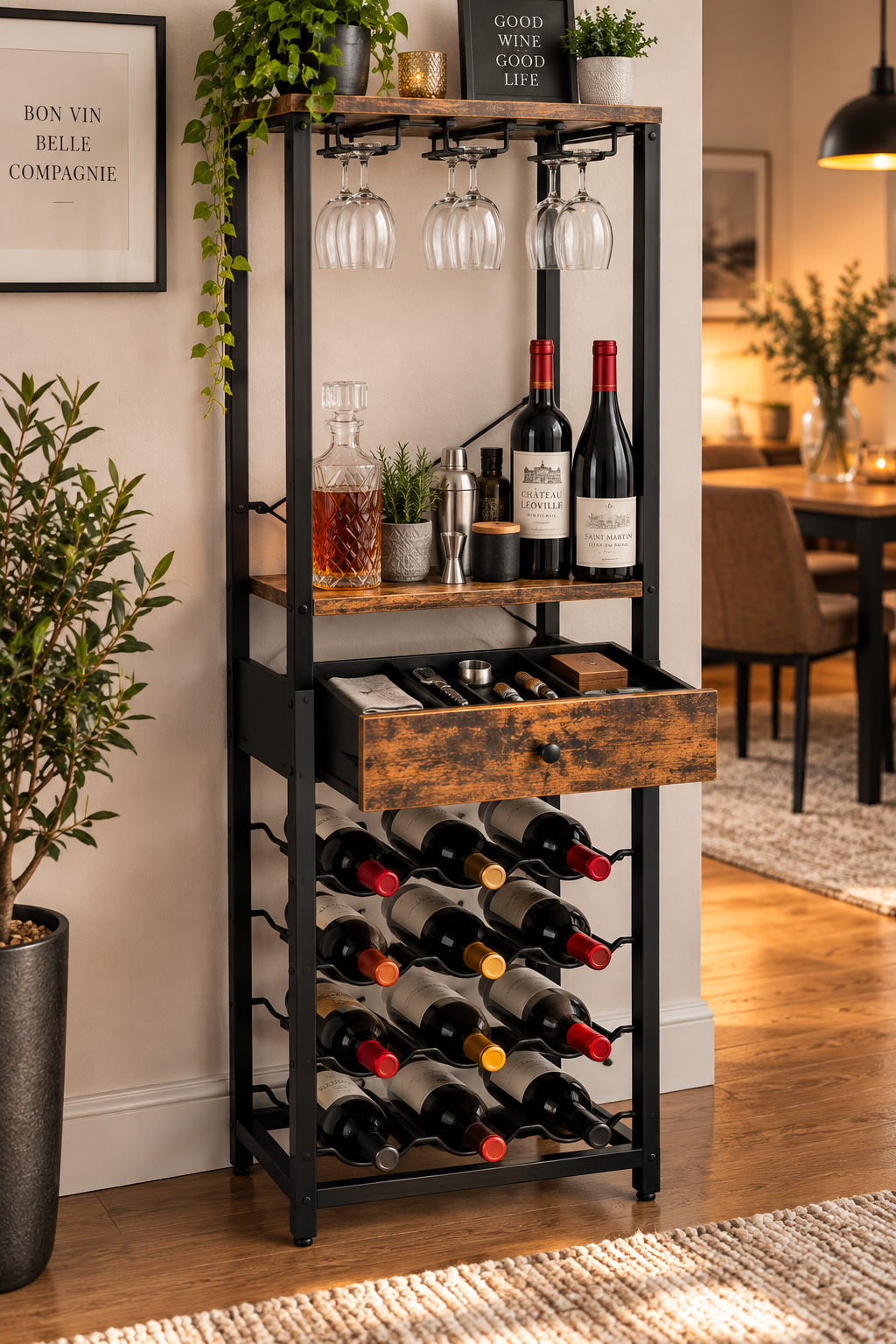 Meuble porte-bouteilles 12 bouteilles avec étagère ouverte et tiroir.
