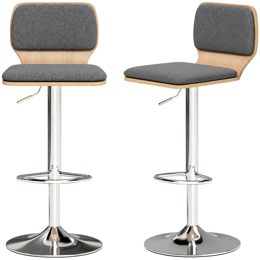 Lot de 2 tabourets de bar pivotants, tissu aspect lin, gris