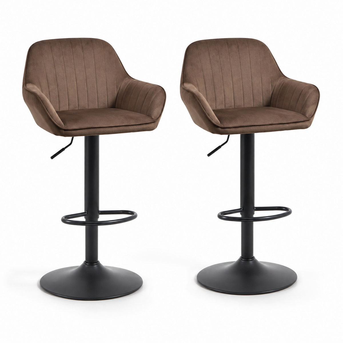 Lot de 2 tabourets de bar pivotants en velours, dossier et accoudoirs
