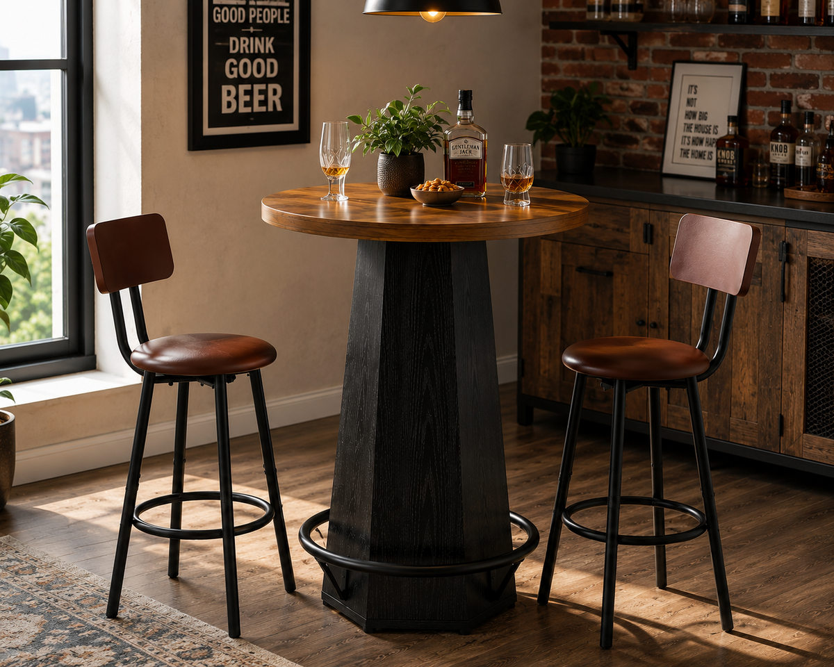 Table de bar ronde 100 cm, plateau bois avec repose-pieds métal, style rétro