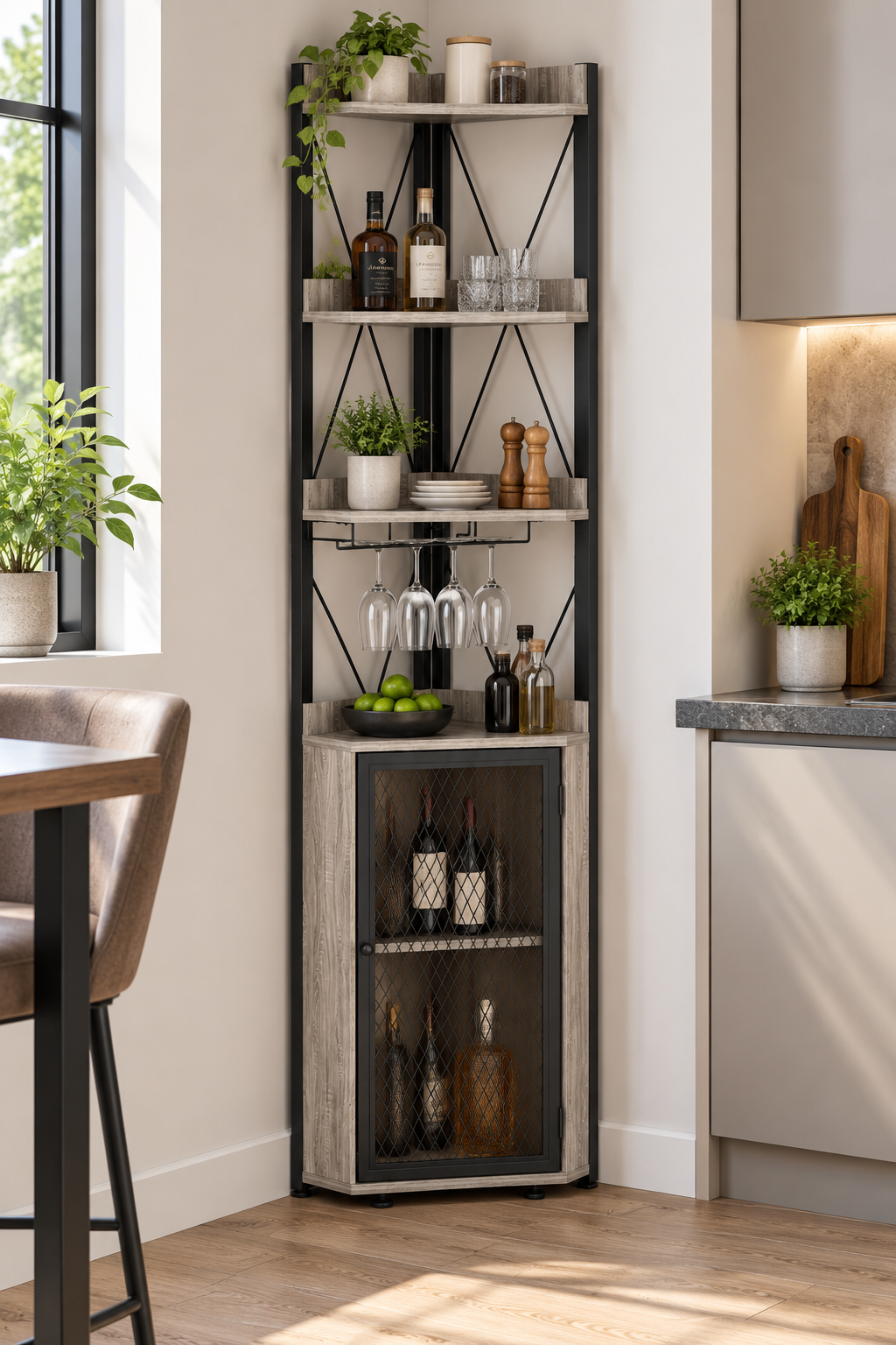 Meuble bar d'angle 178 cm avec porte-bouteilles, support à verres et porte grillagée