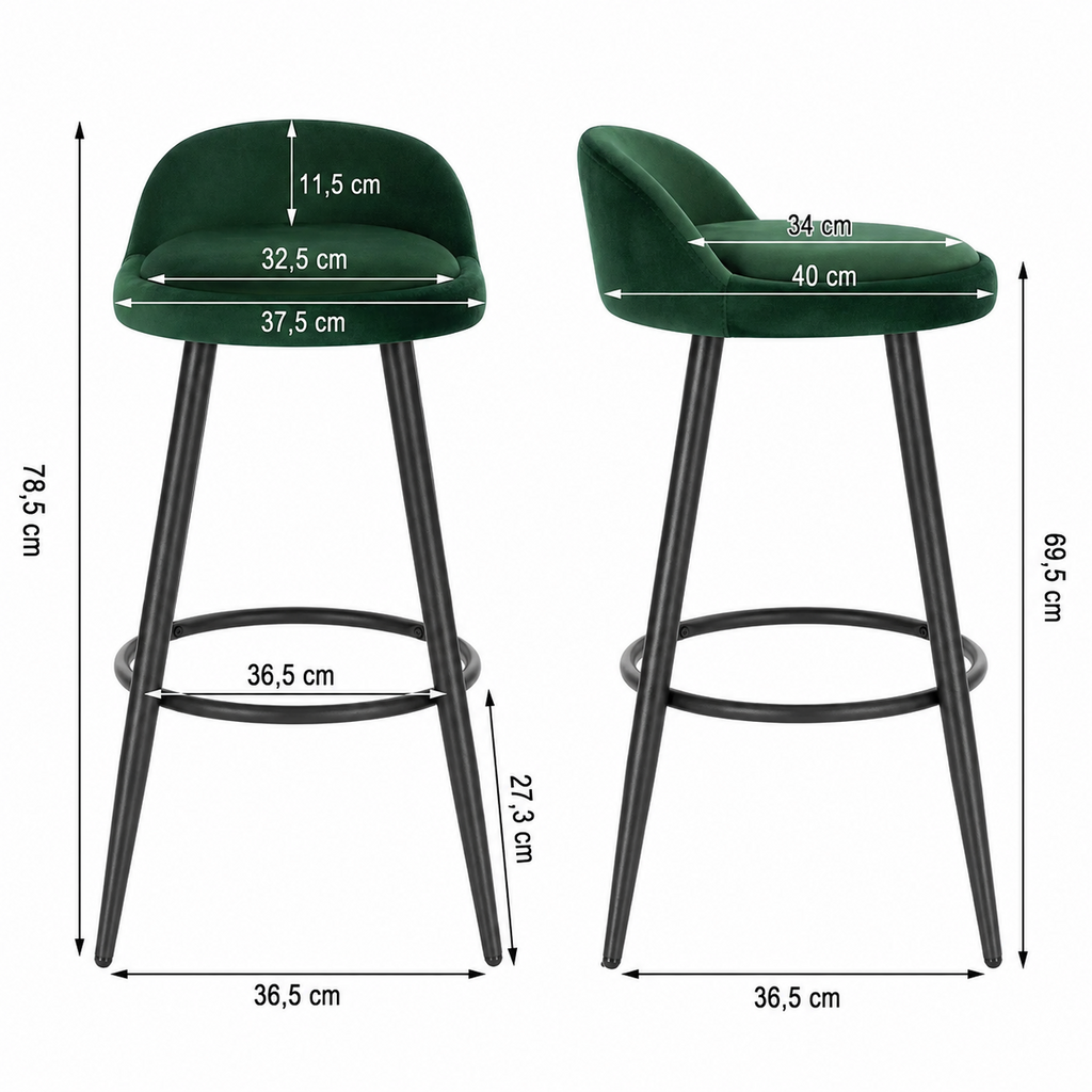 Lot de 2 tabourets de bar avec repose-pieds, assise rembourrée velours ou cuir