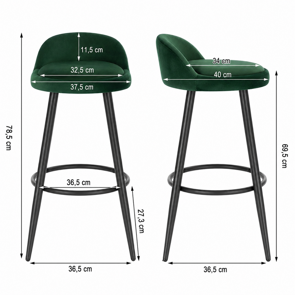 Lot de 2 tabourets de bar avec repose-pieds, assise rembourrée velours ou cuir