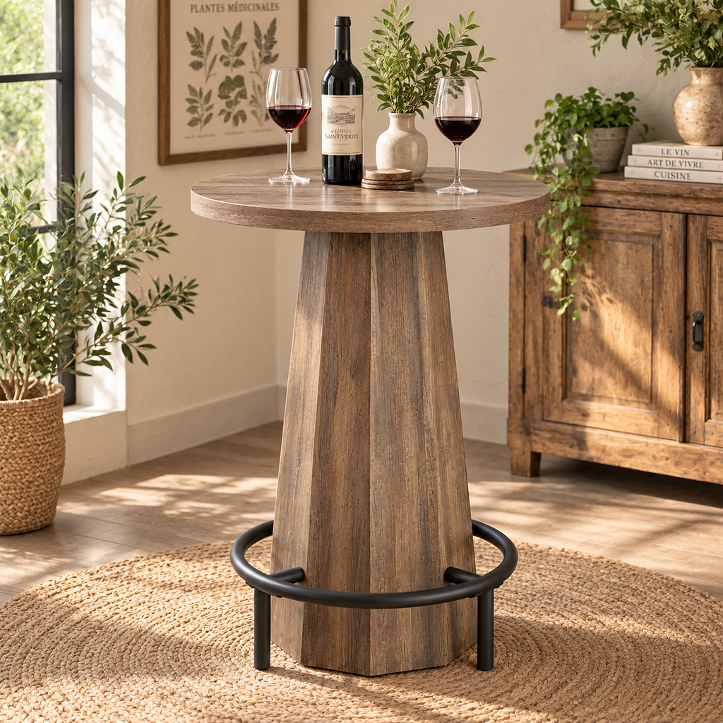 Table de bar ronde avec repose-pieds en métal, marron