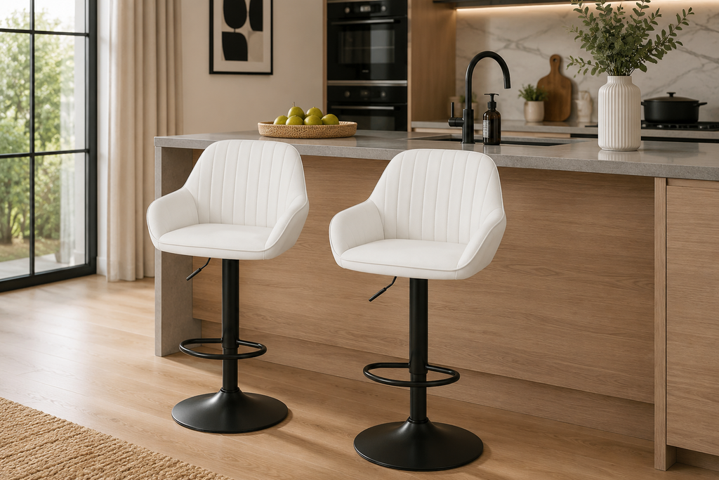 Lot de 2 tabourets de bar pivotants en velours, dossier et accoudoirs