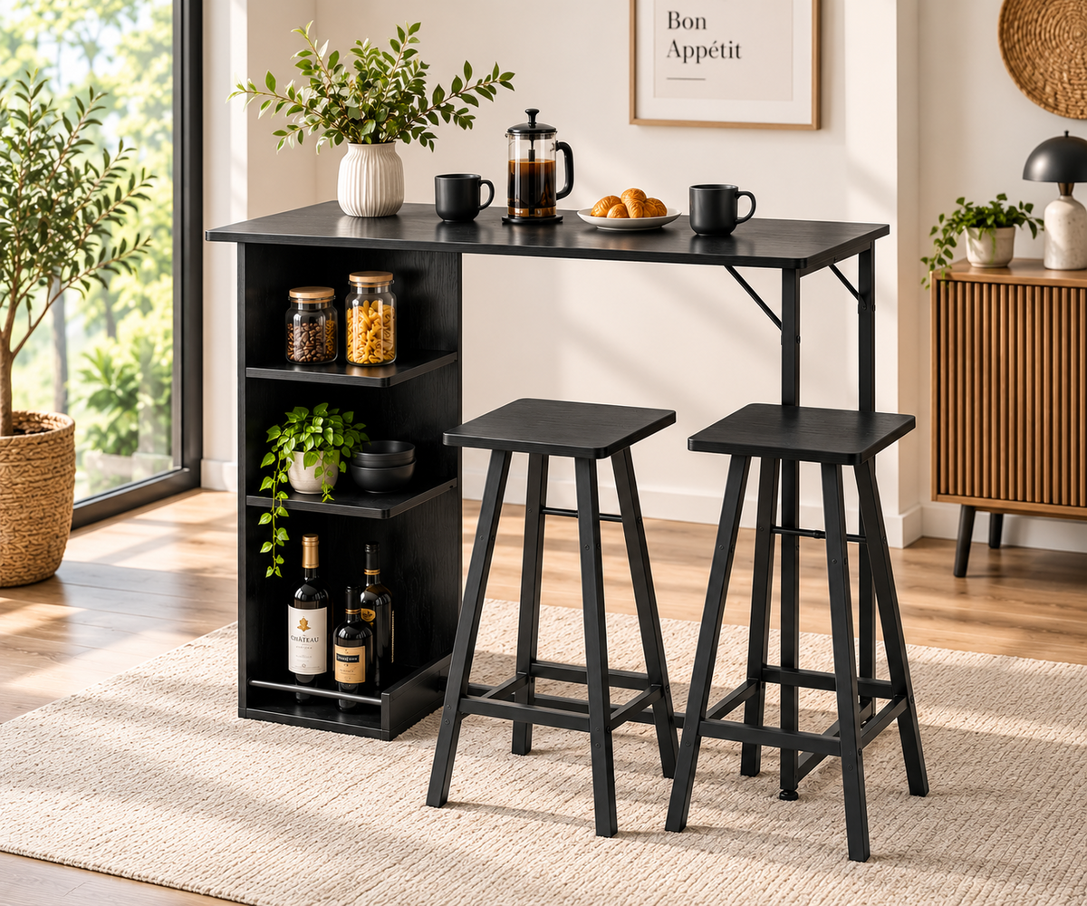 Petit ensemble table de bar et 2 chaises avec étagères de rangement 3 niveaux