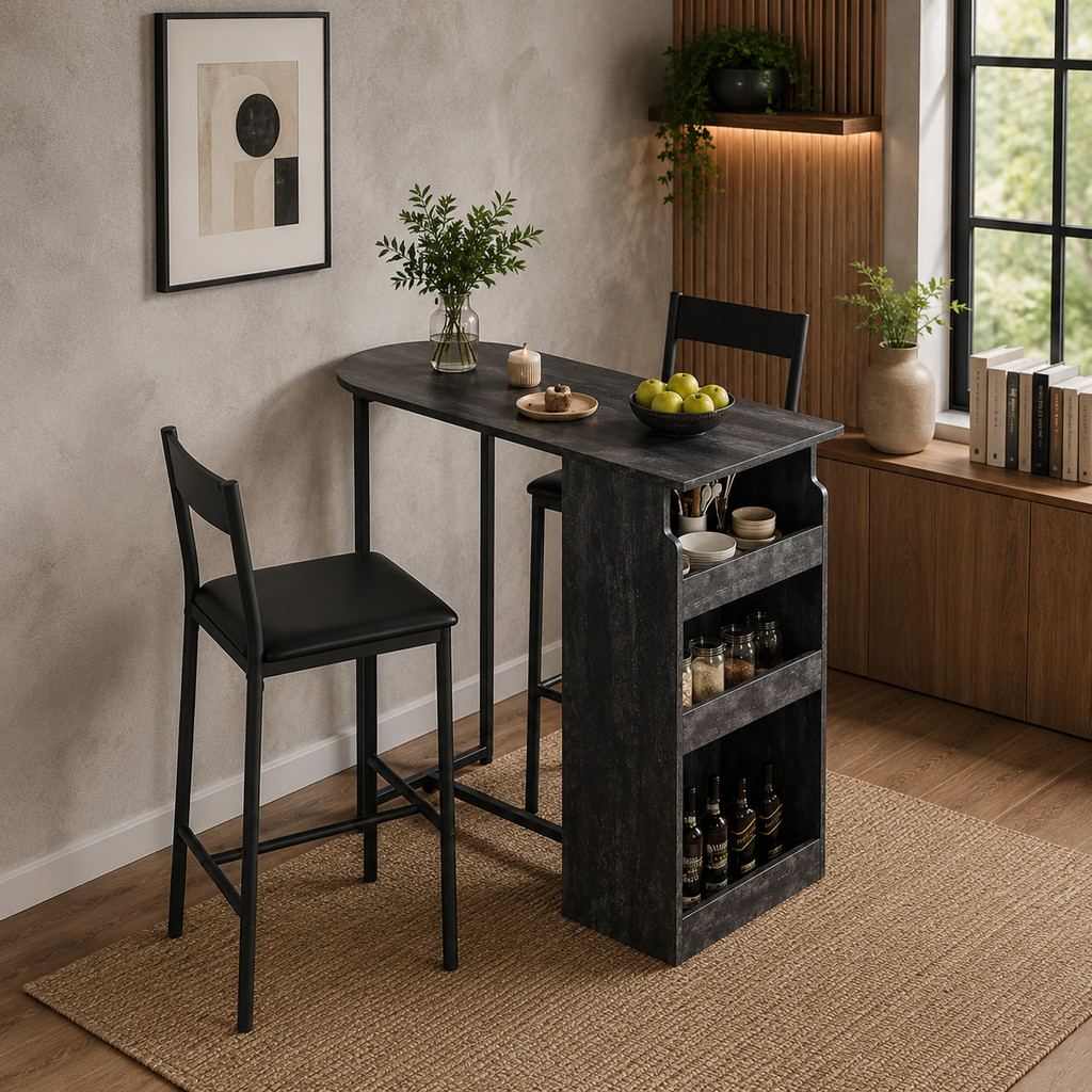 Ensemble table de bar et 2 chaises avec étagère de rangement 3 niveaux, bois