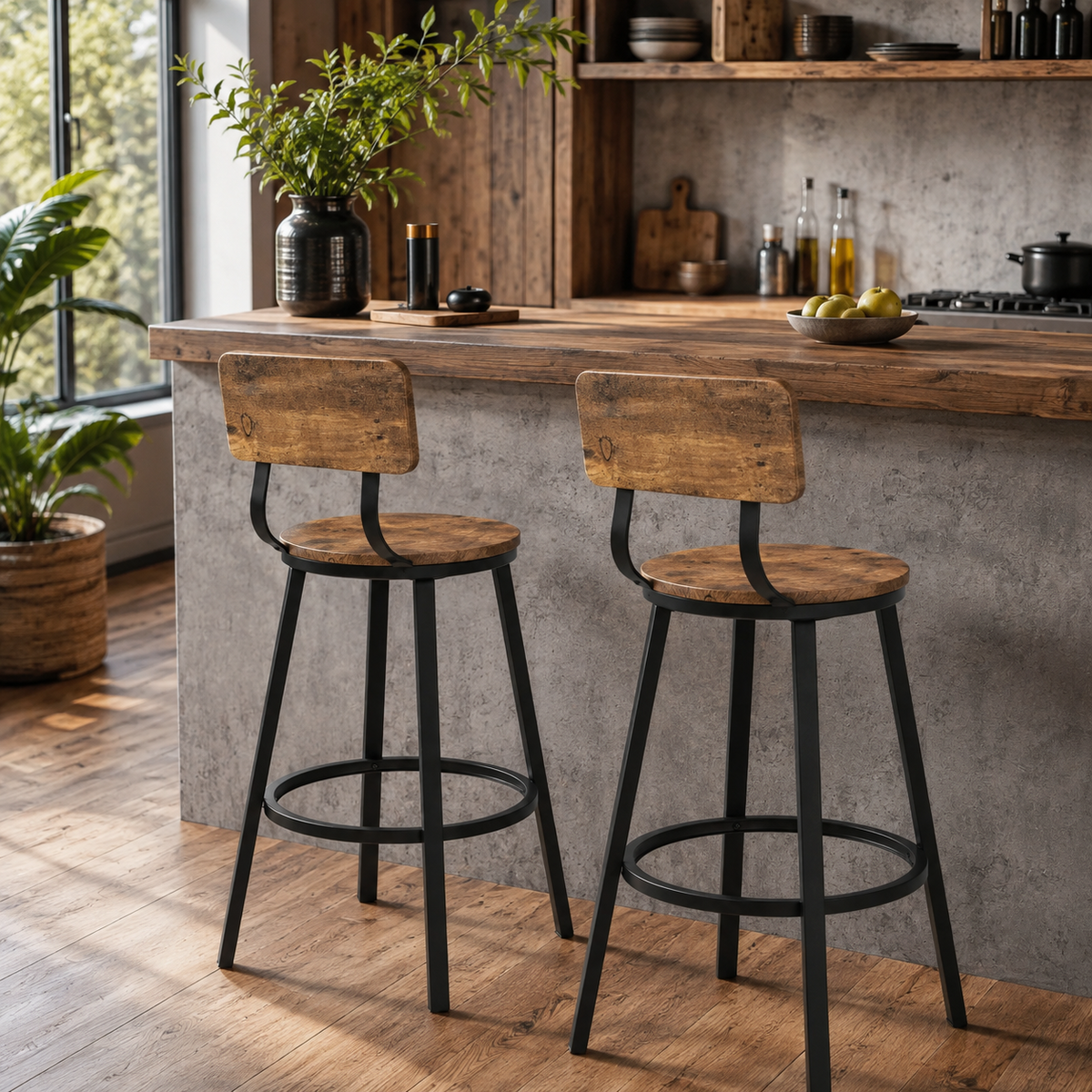 Lot de 2 tabourets de bar style vintage, bois et métal, repose-pieds