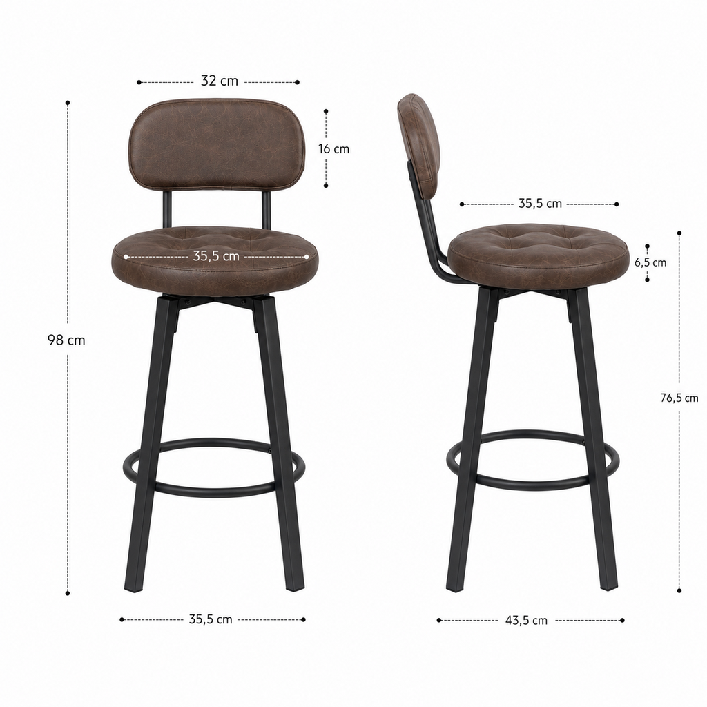 Lot de 2 tabourets de bar pivotants, assise rembourrée, repose-pieds métal
