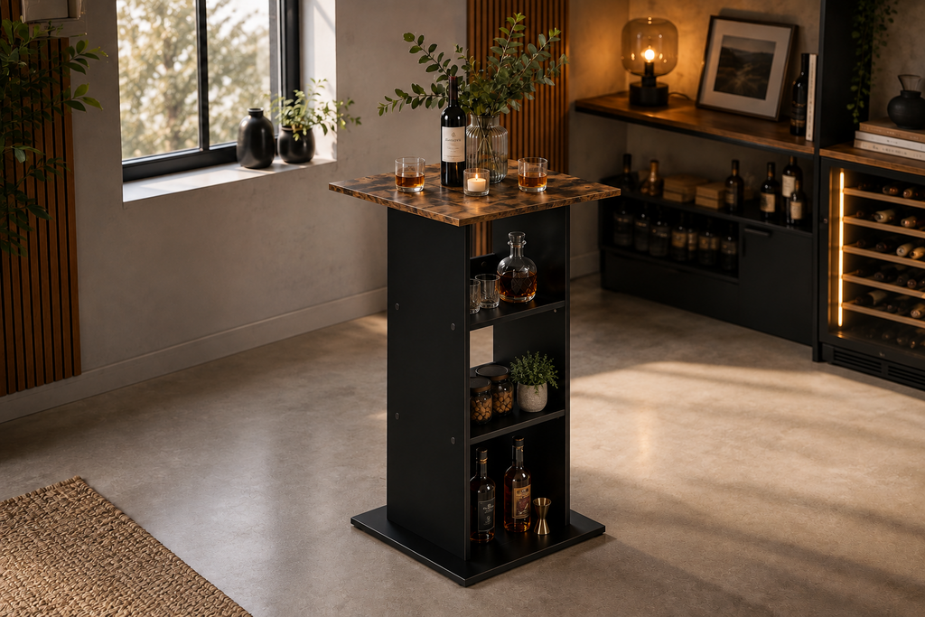 Table de bar carrée 60x60 cm avec 3 étagères de rangement, bois, brun rustique