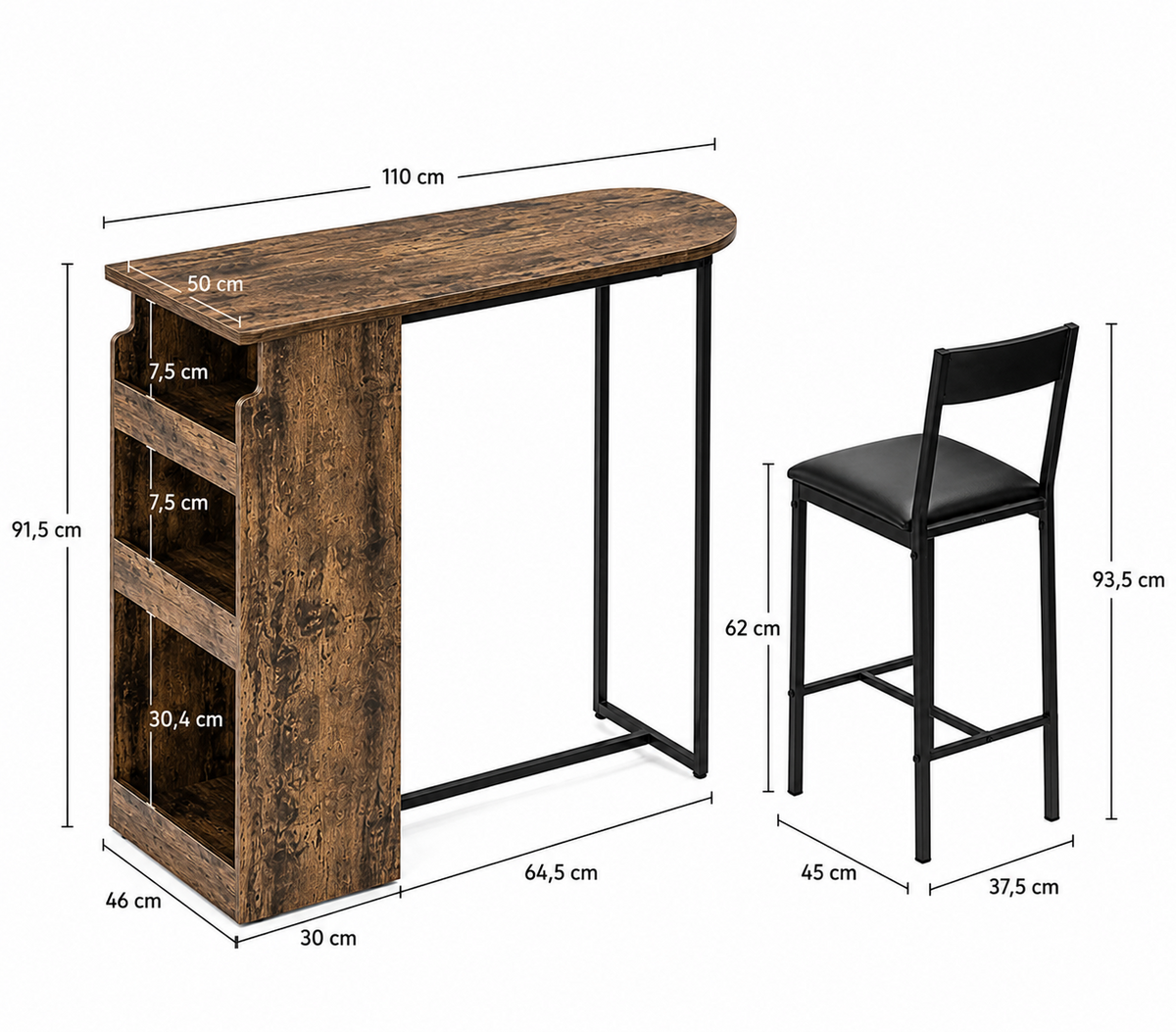 Ensemble table de bar et 2 chaises avec étagère de rangement 3 niveaux, bois