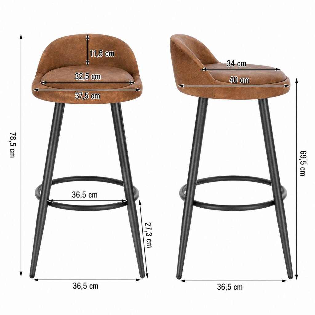 Lot de 2 tabourets de bar avec repose-pieds, assise rembourrée velours ou cuir