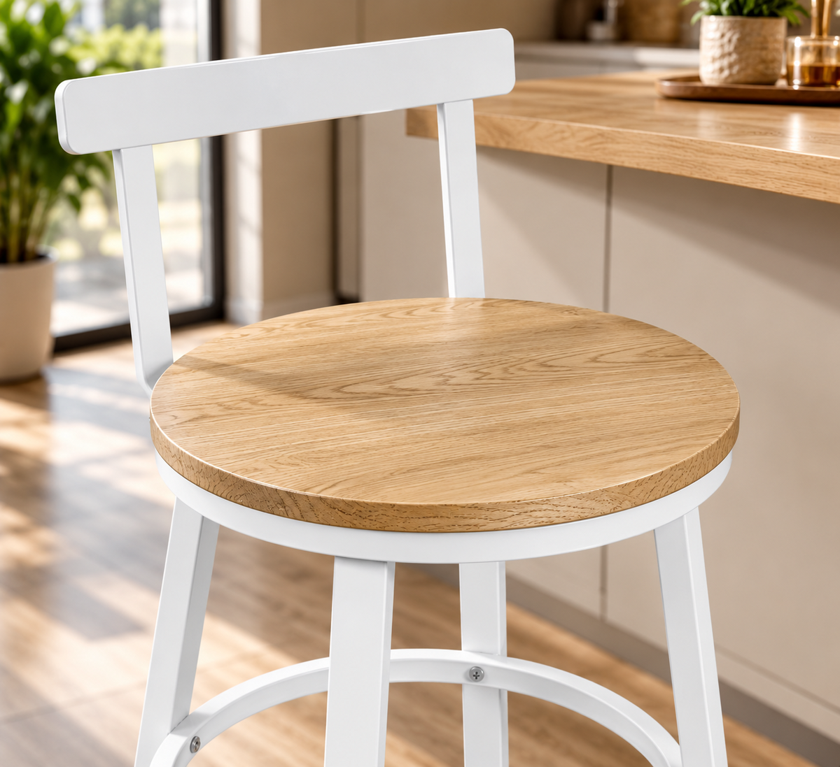 Lot de 2 tabourets de cuisine style industriel, structure acier, assise bois