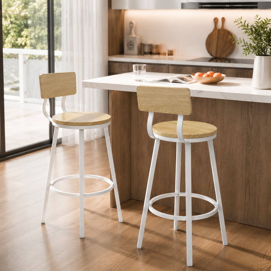 Lot de 2 tabourets de bar style vintage, bois et métal, repose-pieds