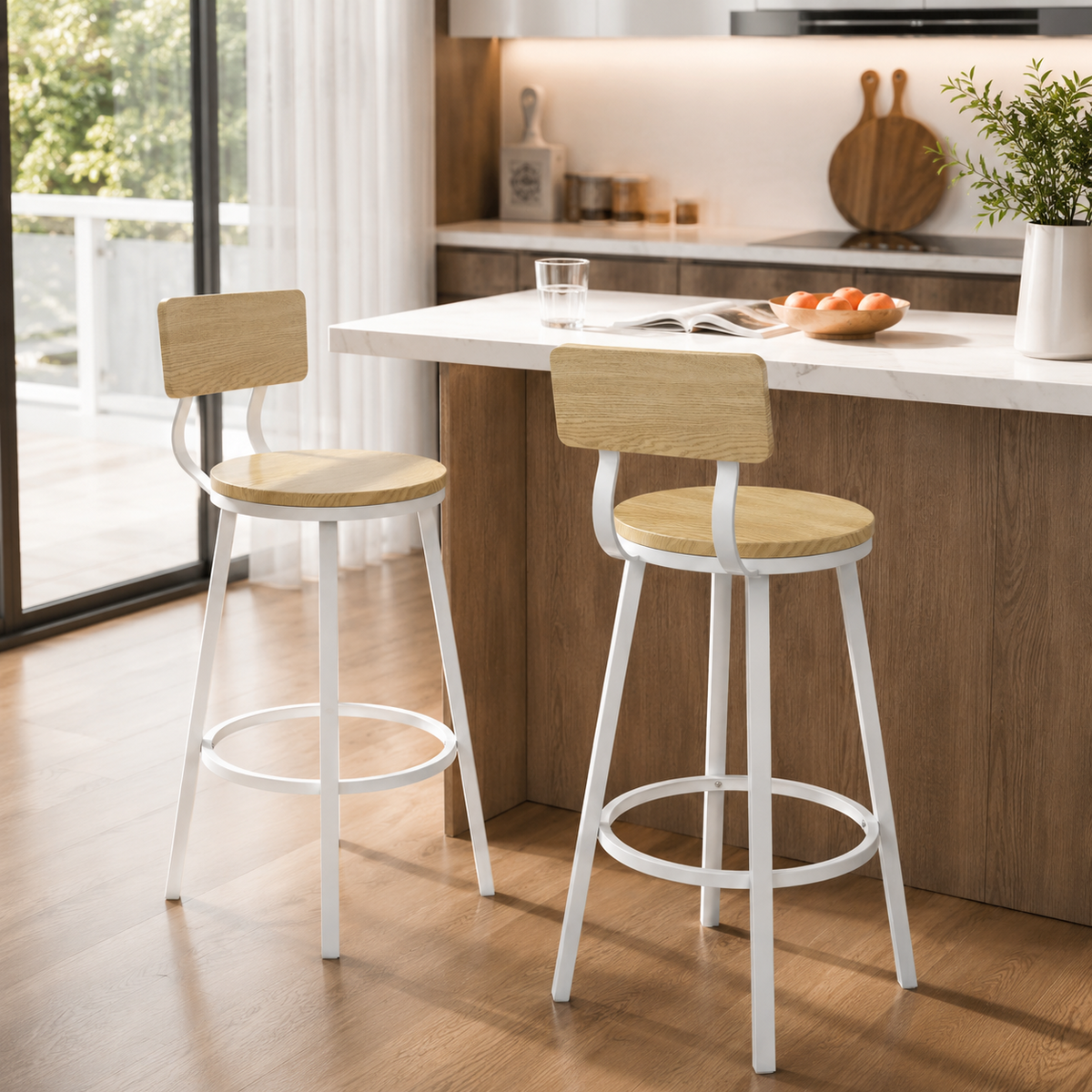 Lot de 2 tabourets de bar style vintage, bois et métal, repose-pieds