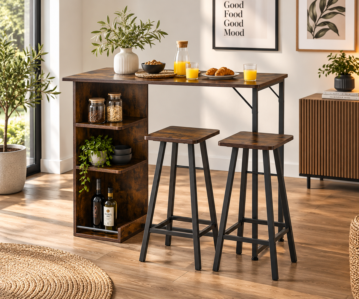 Petit ensemble table de bar et 2 chaises avec étagères de rangement 3 niveaux