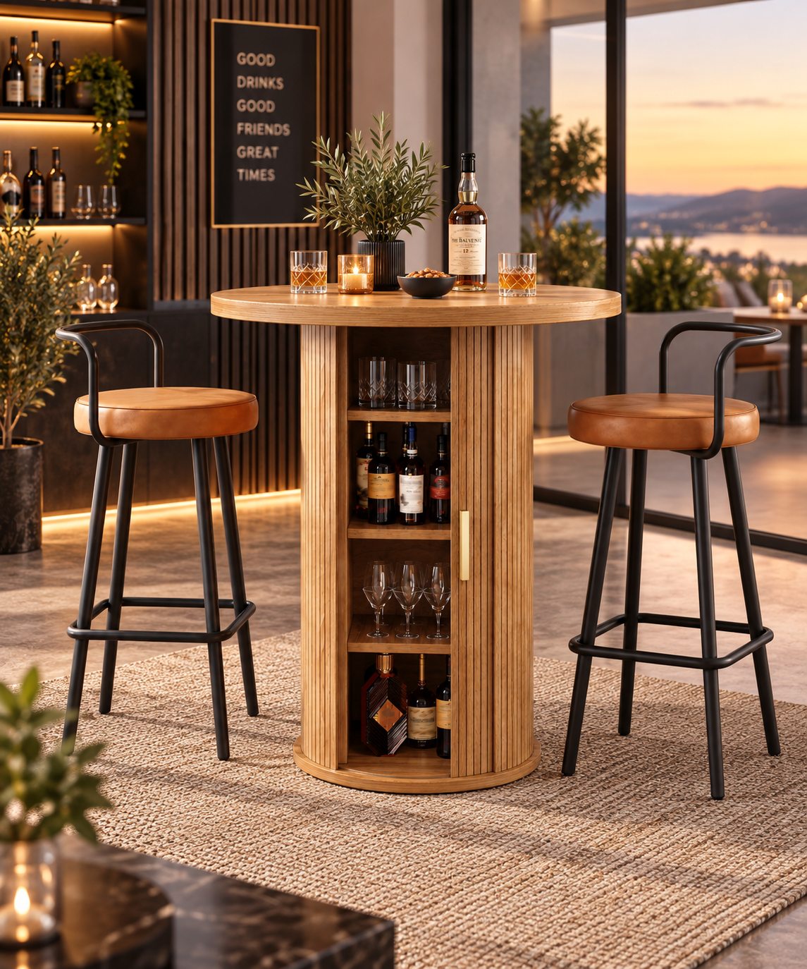 Table de bar ronde 60 cm avec meuble de rangement 4 étagères, effet bois