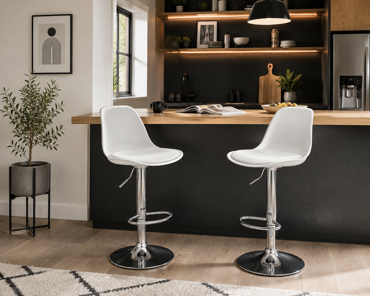 Lot de 2 tabourets de bar hauts pivotants, dossier et repose-pieds, blanc