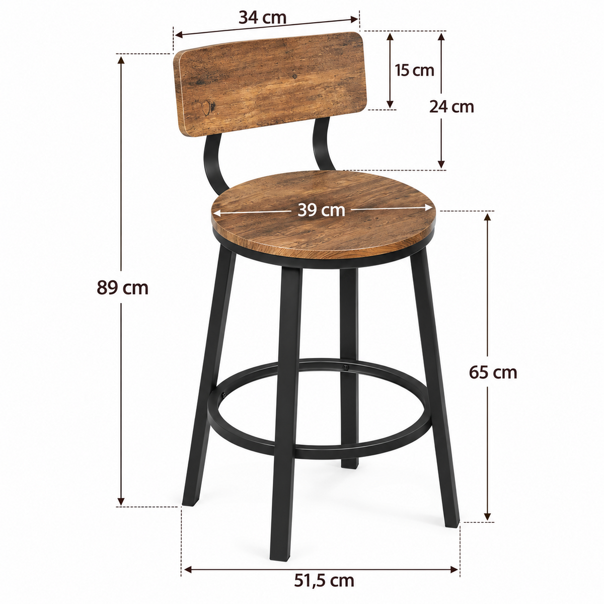 Lot de 2 tabourets de bar style vintage, bois et métal, repose-pieds