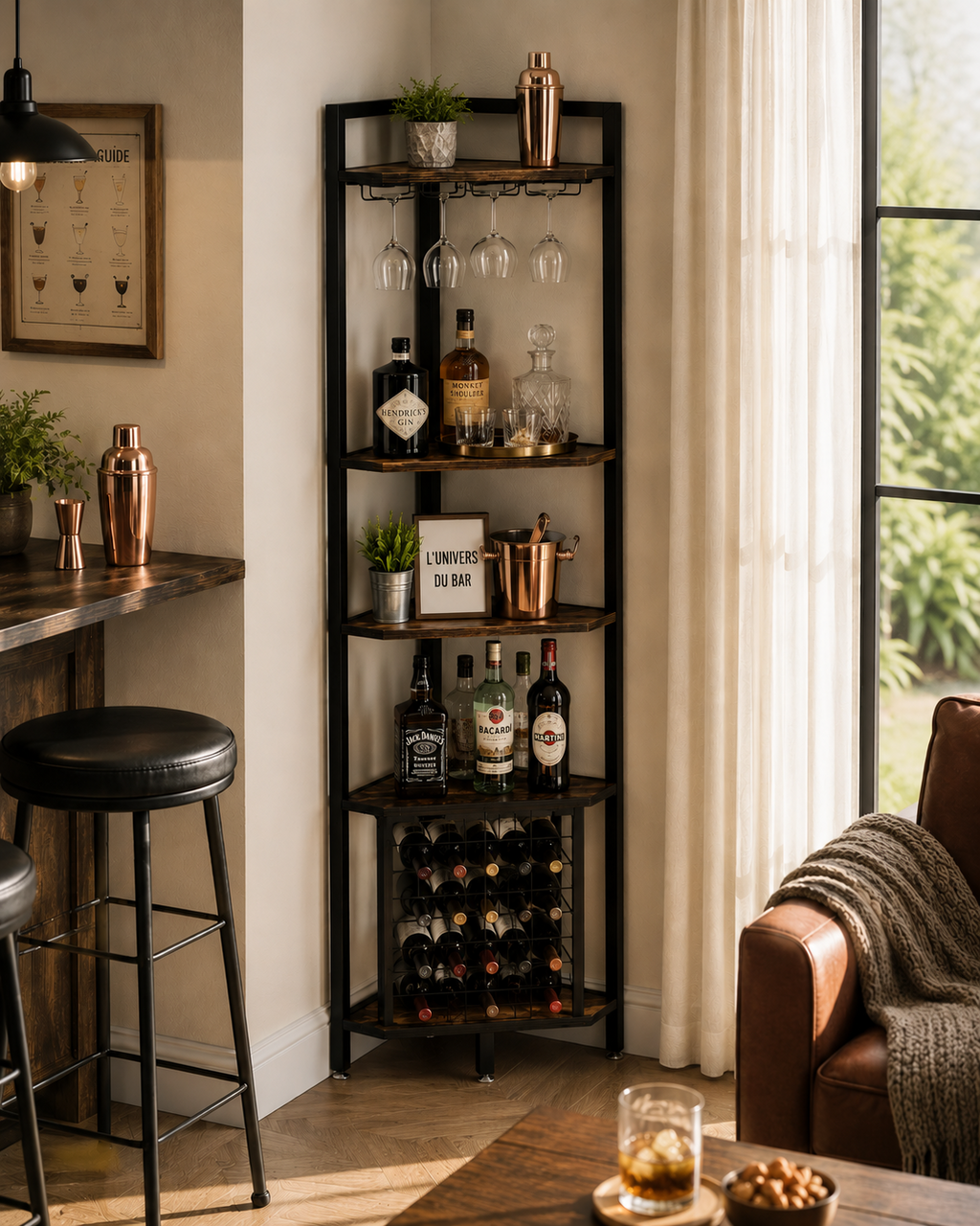 Meuble bar d'angle 4 niveaux avec porte-bouteilles et support à verres, noir