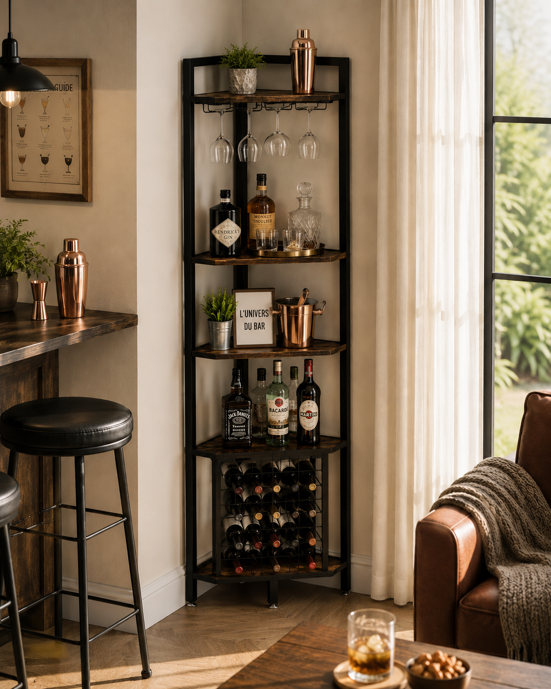 Meuble bar d'angle 4 niveaux avec porte-bouteilles et support à verres, noir