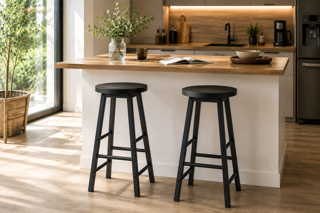 Lot de 2 tabourets de bar hauts, structure acier, assise MDF, style industriel