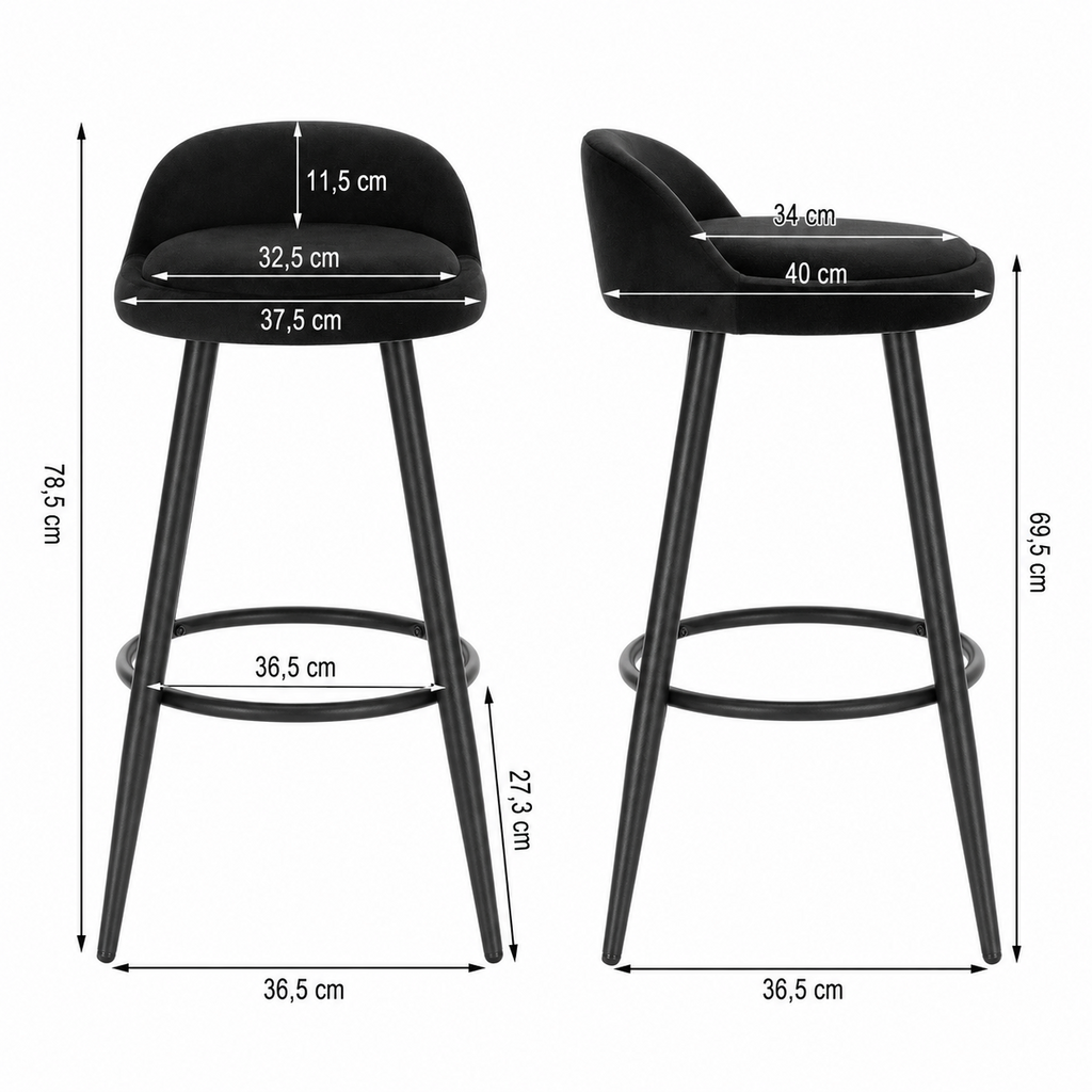 Lot de 2 tabourets de bar avec repose-pieds, assise rembourrée velours ou cuir