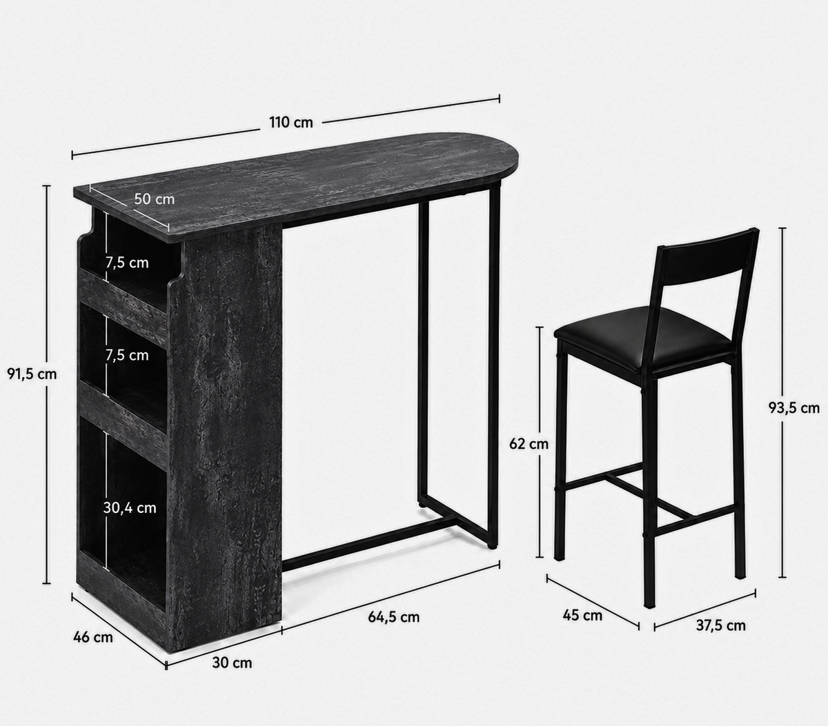 Ensemble table de bar et 2 chaises avec étagère de rangement 3 niveaux, bois