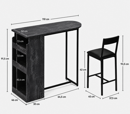 Ensemble table de bar et 2 chaises avec étagère de rangement 3 niveaux, bois