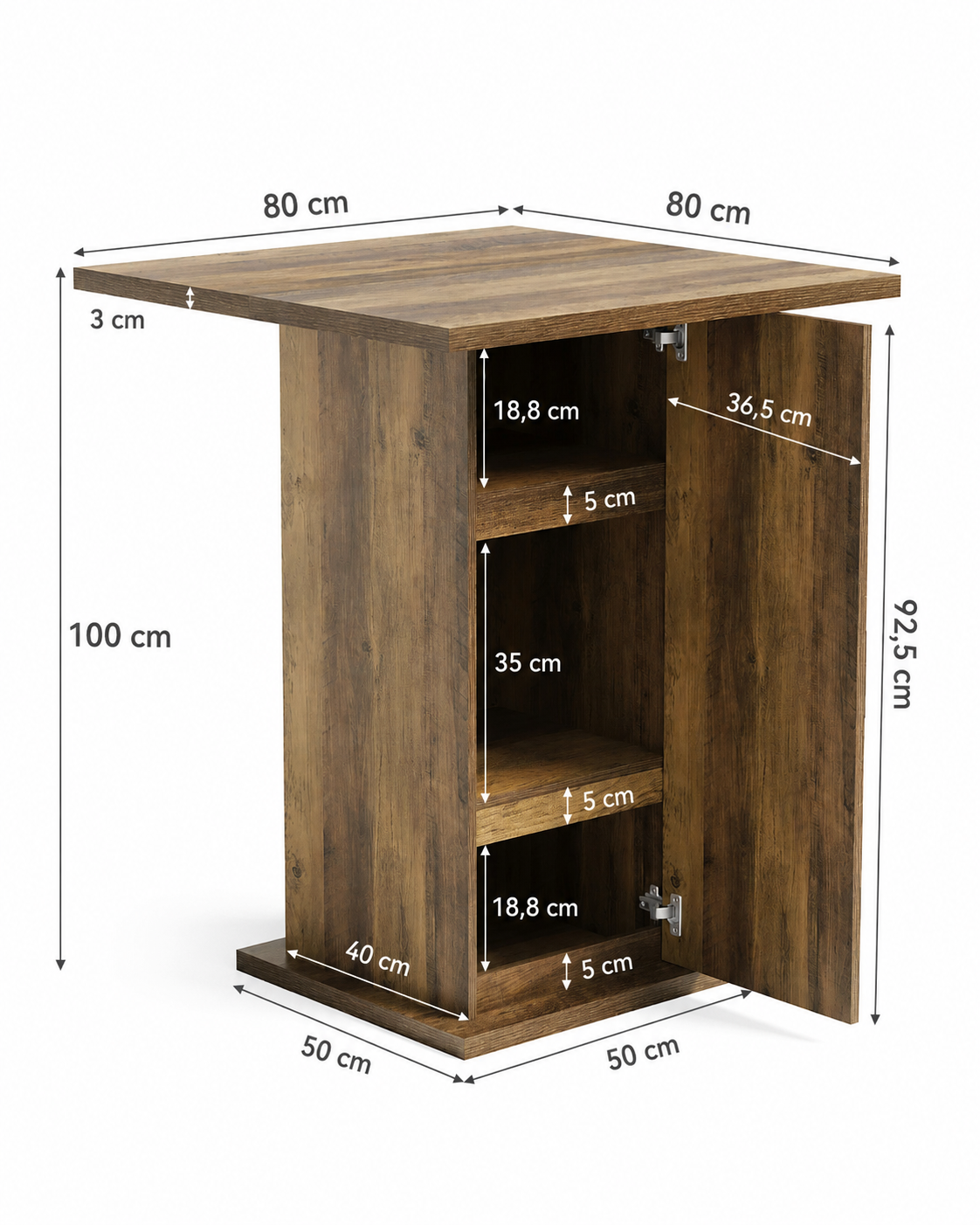 Table de bar carrée avec meuble de rangement 3 niveaux, bois, marron