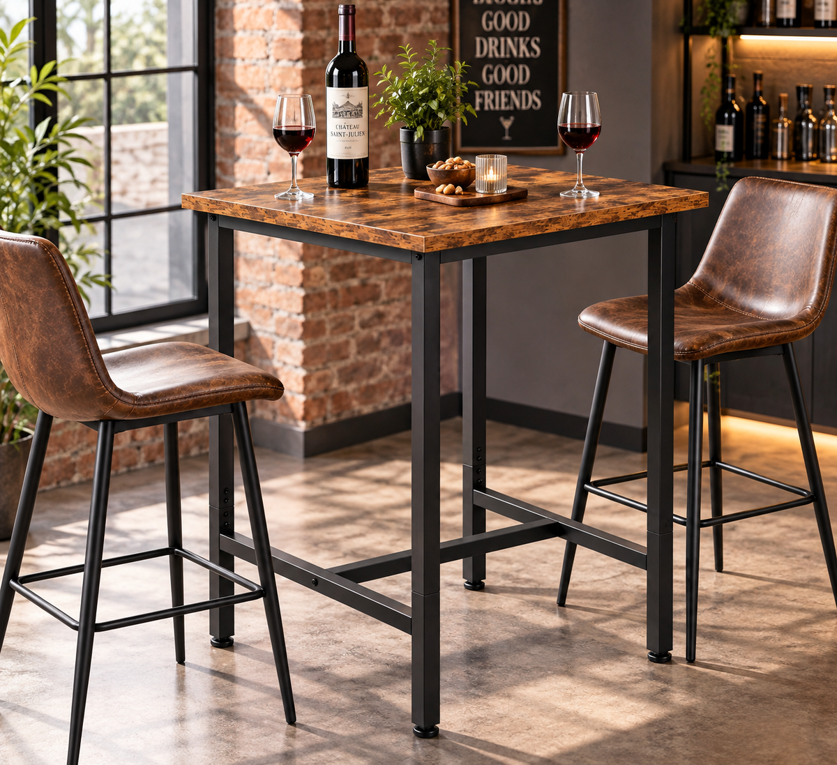 Table de bar carrée 60x60 cm, hauteur 100 cm, plateau bois et métal