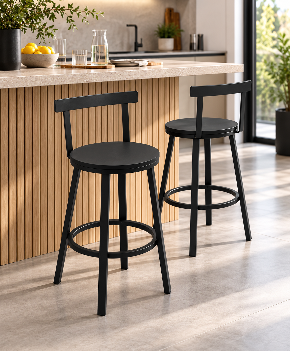 Lot de 2 tabourets de cuisine style industriel, structure acier, assise bois