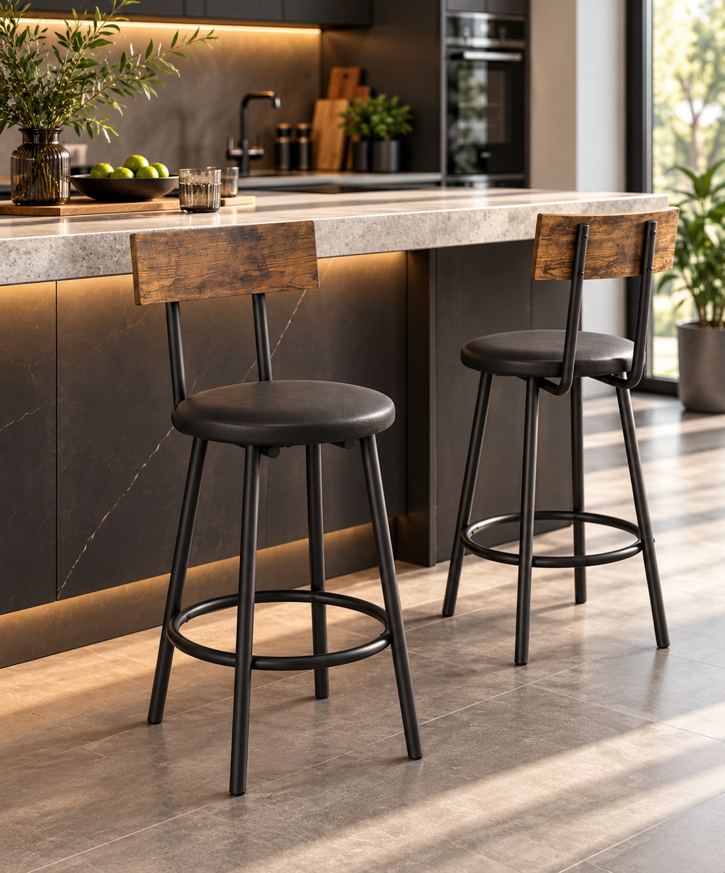 Lot de 2 tabourets de bar avec dossier et repose-pieds, noir