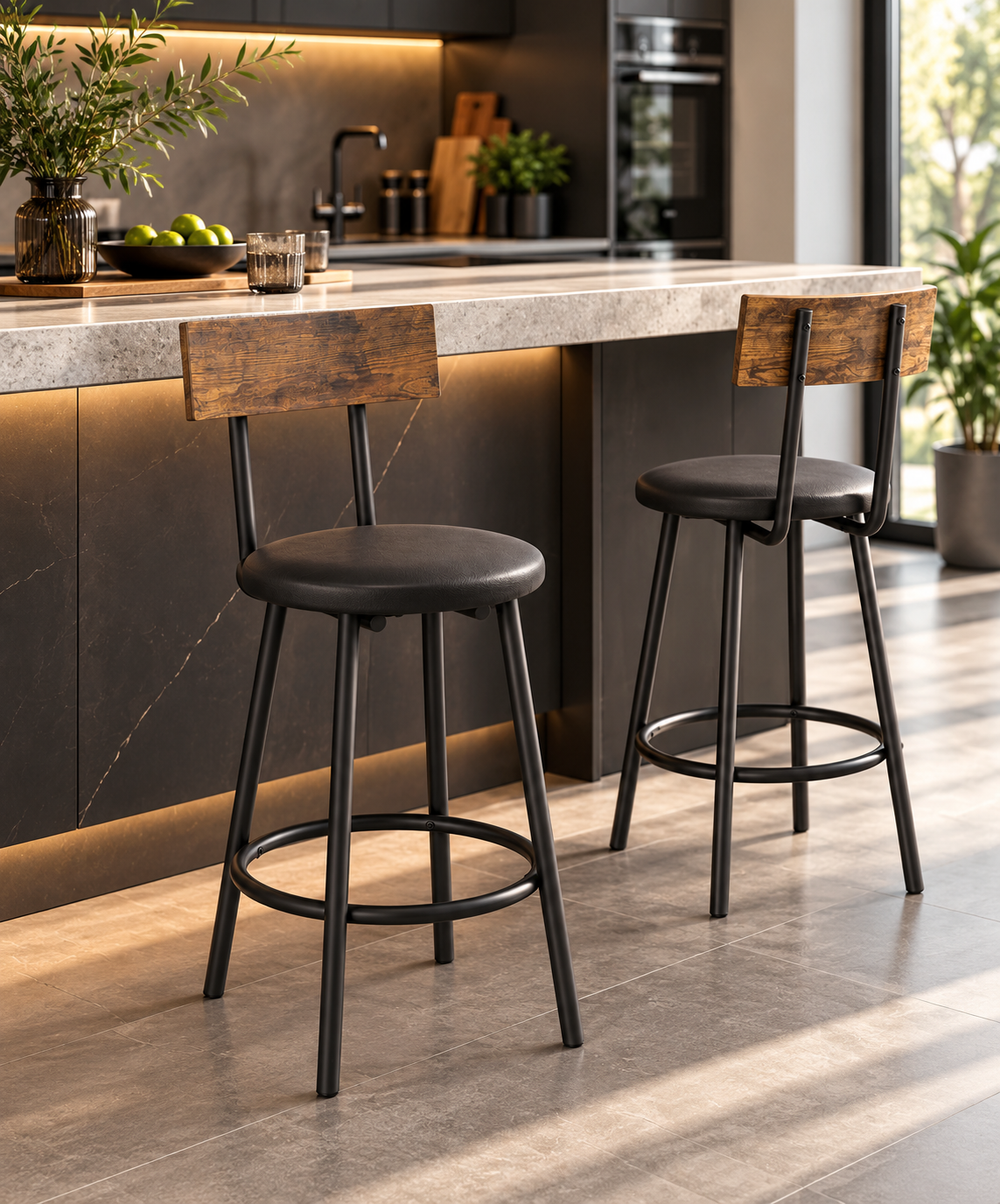 Lot de 2 tabourets de bar avec dossier et repose-pieds, noir