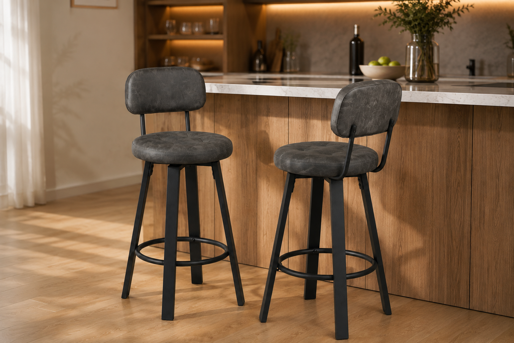 Lot de 2 tabourets de bar pivotants, assise rembourrée, repose-pieds métal