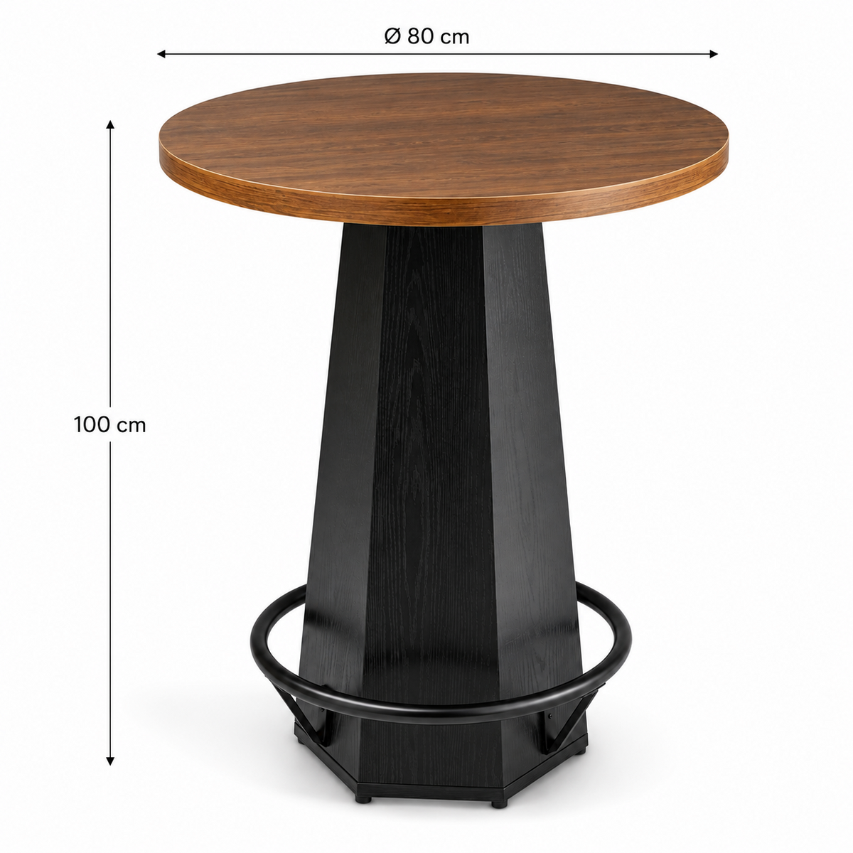 Table de bar ronde 100 cm, plateau bois avec repose-pieds métal, style rétro