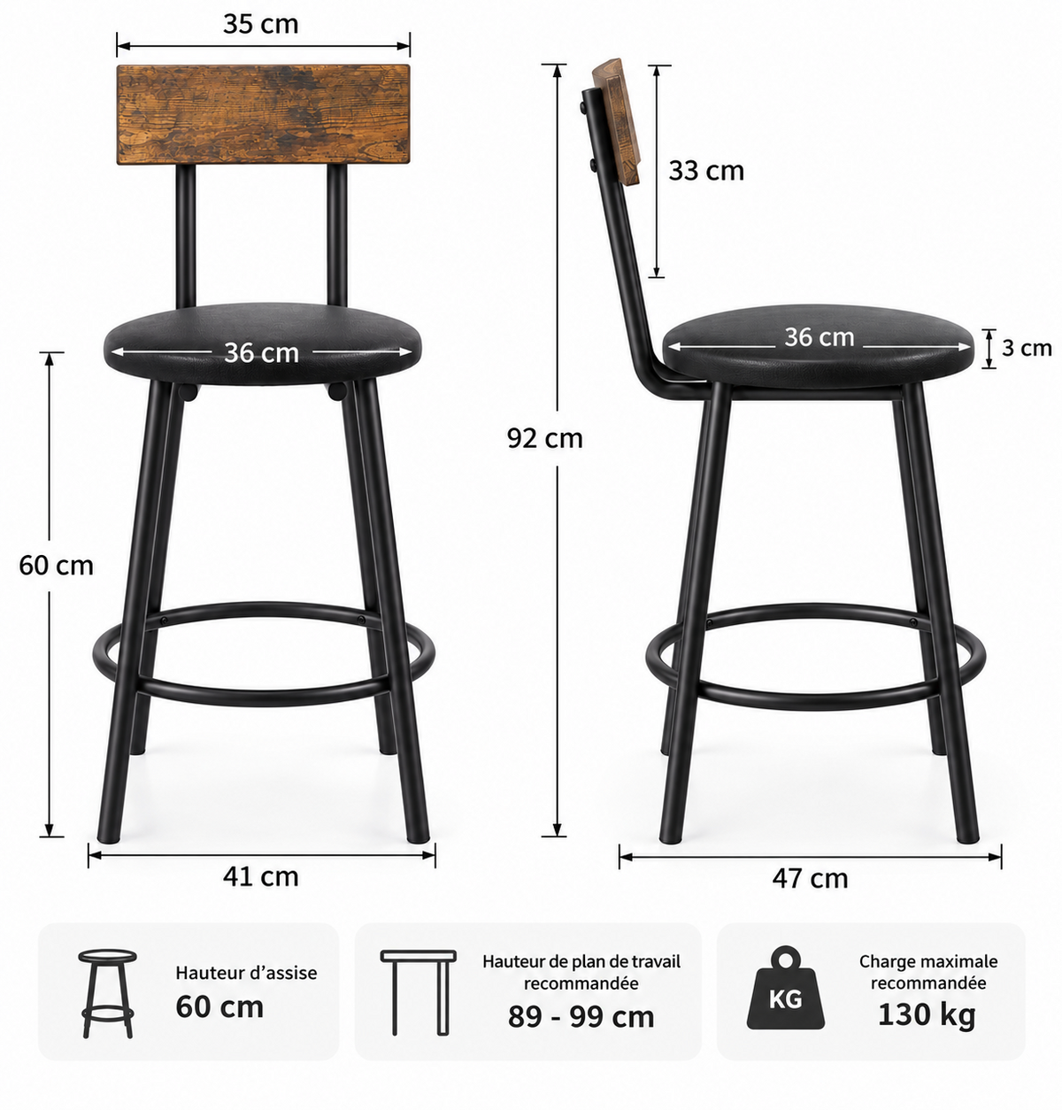 Lot de 2 tabourets de bar avec dossier et repose-pieds, noir