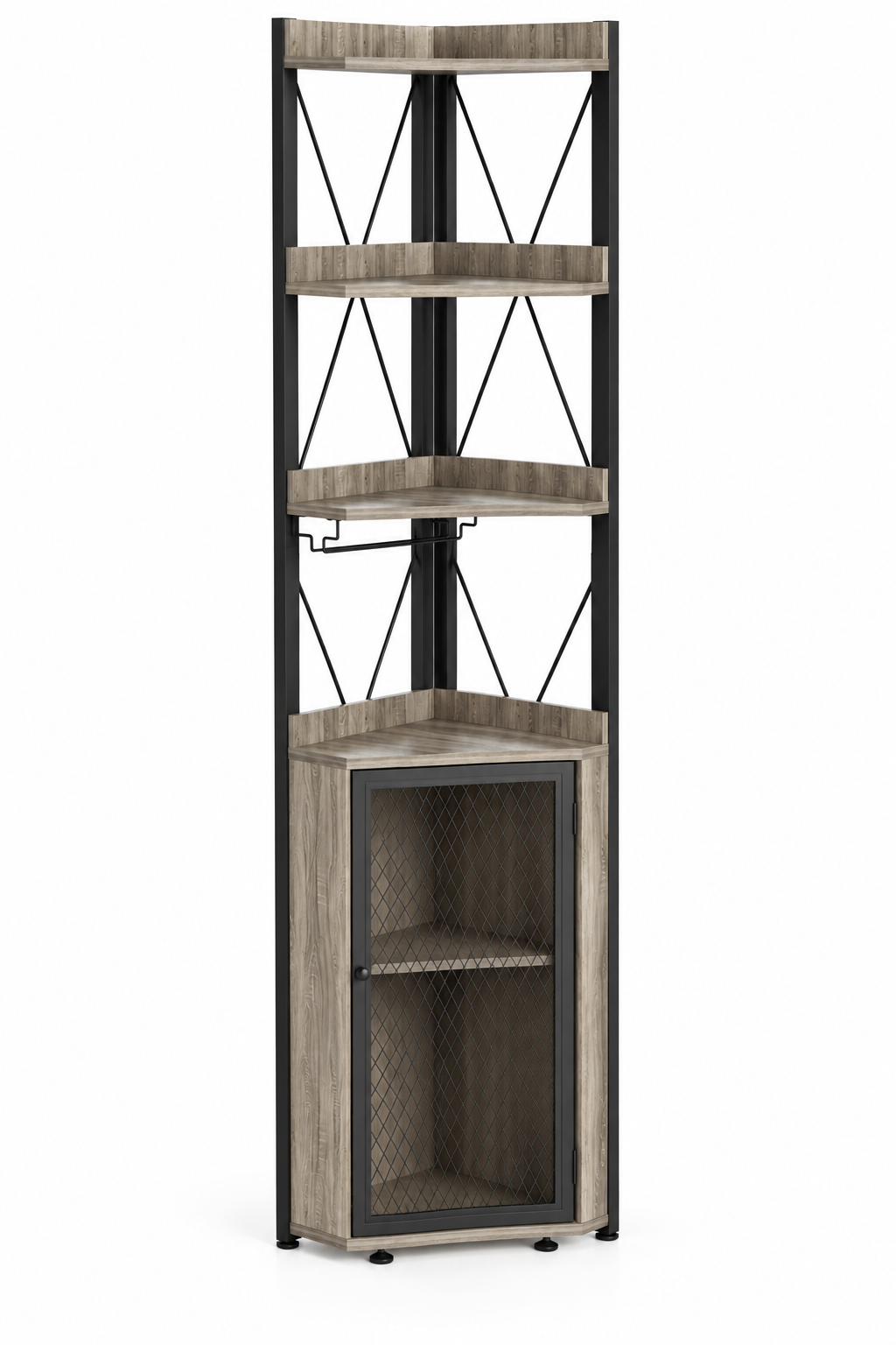 Meuble bar d'angle 178 cm avec porte-bouteilles, support à verres et porte grillagée