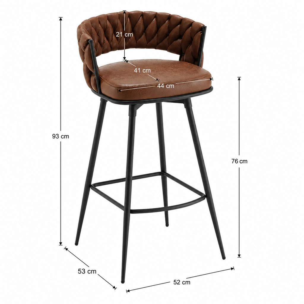 Lot de 2 tabourets de bar pivotants 180°, dossier et repose-pieds tressés, revêtement suédine, marron