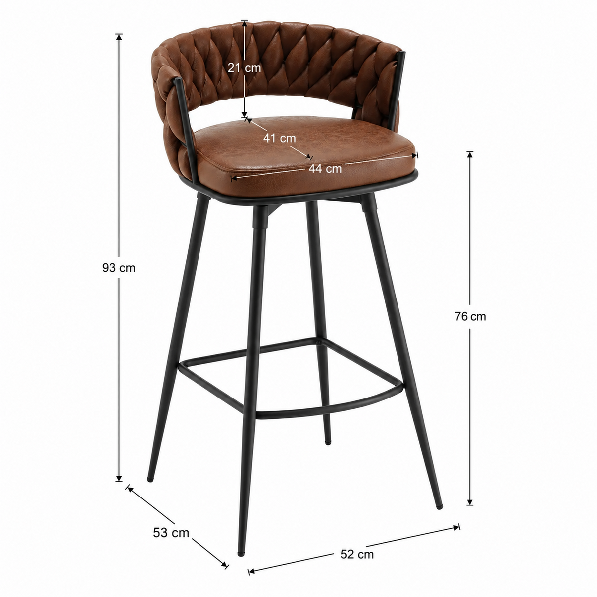 Lot de 2 tabourets de bar pivotants 180°, dossier et repose-pieds tressés, revêtement suédine, marron