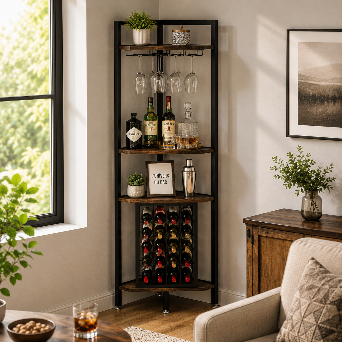 Meuble bar d'angle 4 niveaux avec porte-bouteilles et support à verres, noir