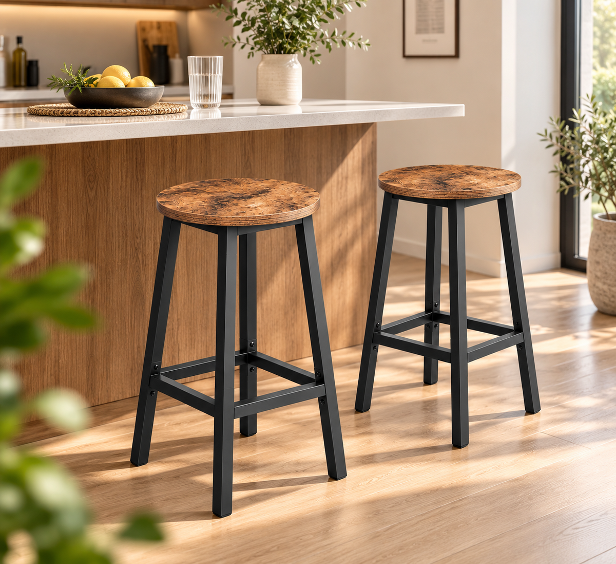 Lot de 2 tabourets de bar compacts assise ronde, structure acier, 65 cm