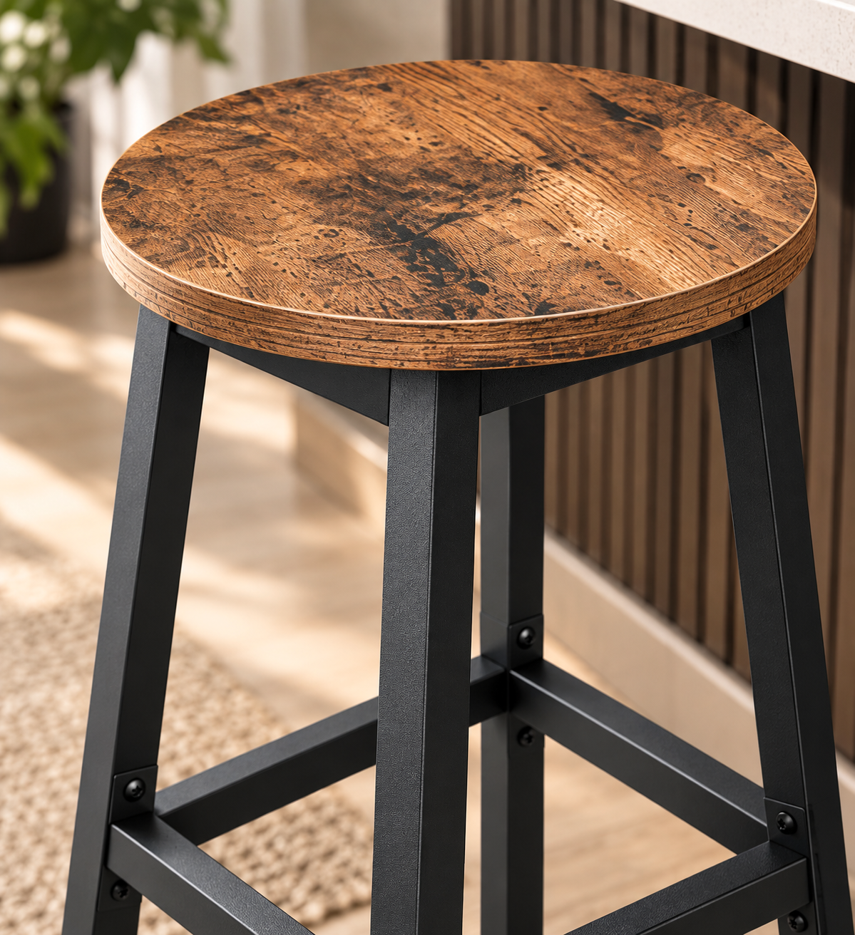 Lot de 2 tabourets de bar compacts assise ronde, structure acier, 65 cm