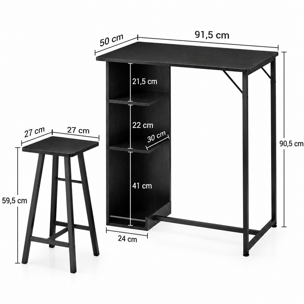 Petit ensemble table de bar et 2 chaises avec étagères de rangement 3 niveaux